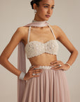 Ash Pink Georgette Skirt With Halter Neck Blouse And Stole