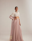 Ash Pink Georgette Skirt With High Neck Blouse And Stole