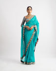 Peacock Green Hand Cut Mirror Border Saree Set
