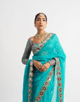 Peacock Green Hand Cut Mirror Border Saree Set