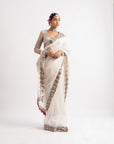 White Hand Cut Mirror Border Saree Set
