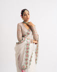 White Hand Cut Mirror Border Saree Set