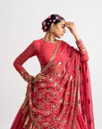 Deep Coral Silk Organza Heavy Dupatta Lehenga Set
