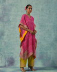 Fuschia Pink Bandhani Kaftan With Lime Green Salwar Set