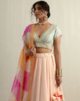 Powder Pink Chanderi Skirt With A Sky Blue Blouse And Dupatta