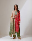 Red Bandhani Kurta With Pista Green Pants And A Shaded Dupatta