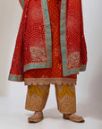 Orange Bandhani Kurta With Mustard Pants Set