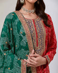 Red Silk Bandhani Kurta Set With A Green Dupatta And Pants