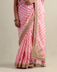 Powder Pink Moonga Silk Saree With A Sky Blue Blouse