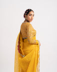 Yellow Hand Cut Mirror Border Saree Set