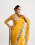 Yellow Hand Cut Mirror Border Saree Set