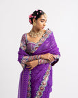 Purple Hand Cut Mirror Border Saree Set