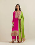 Fuschia Kurta Set With A Green Bandhani Dupatta
