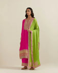 Fuschia Kurta Set With A Green Bandhani Dupatta