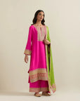 Fuschia Kurta Set With A Green Bandhani Dupatta