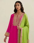 Fuschia Kurta Set With A Green Bandhani Dupatta
