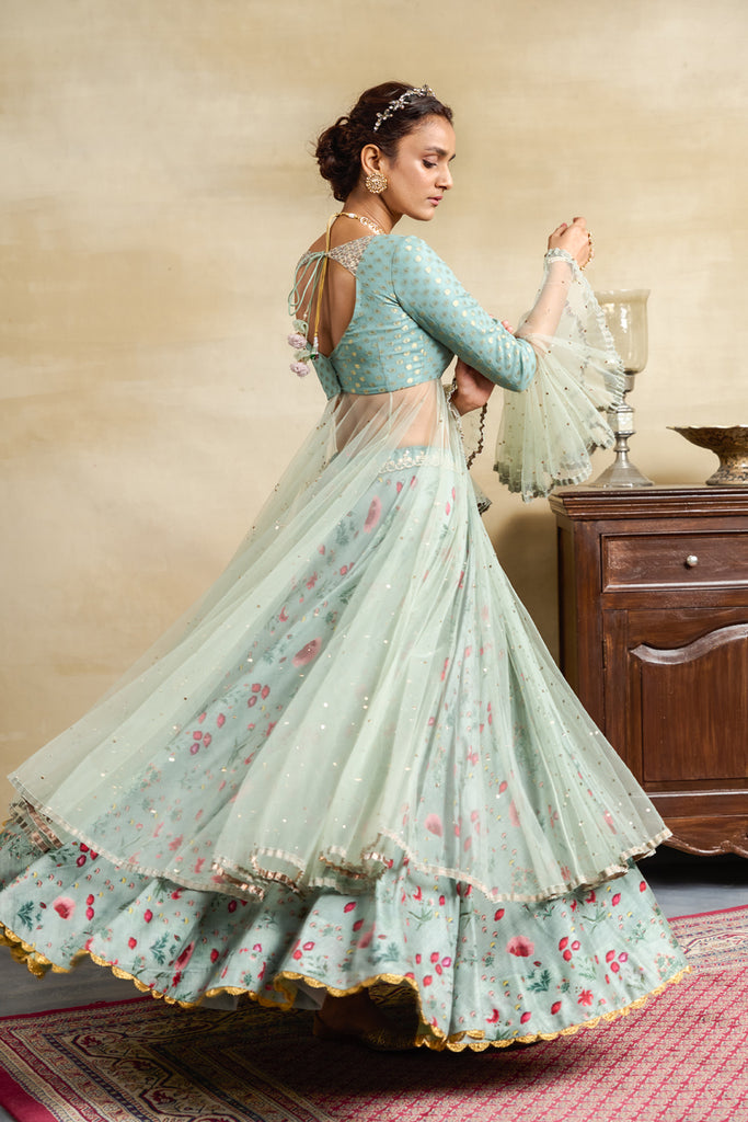 Aqua Floral Printed &amp; Embroidered Anarkali Set
