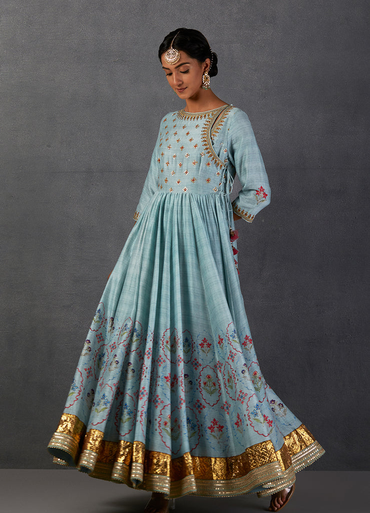 Aqua Silk Chanderi Printed &amp; Embroidered Angrakha Style Anarkali Set