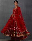 Red Chanderi Printed Embroidered Anarkali Set