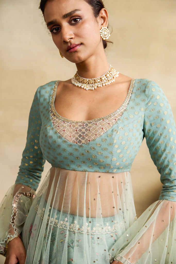 Aqua Floral Printed &amp; Embroidered Anarkali Set