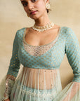Aqua Floral Printed & Embroidered Anarkali Set