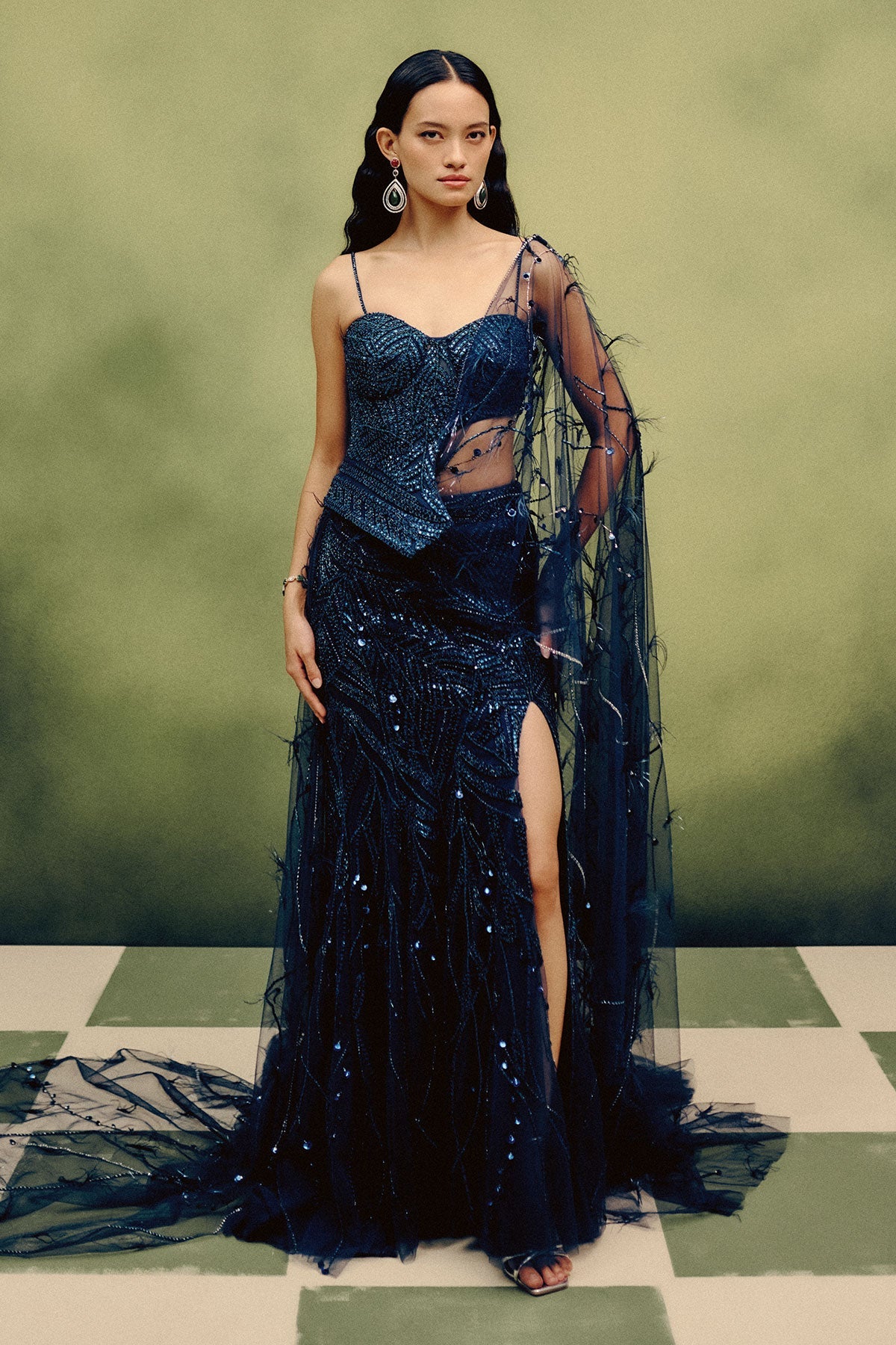 Celeste Plume Corset &amp; Skirt Set With A Drape Dupatta
