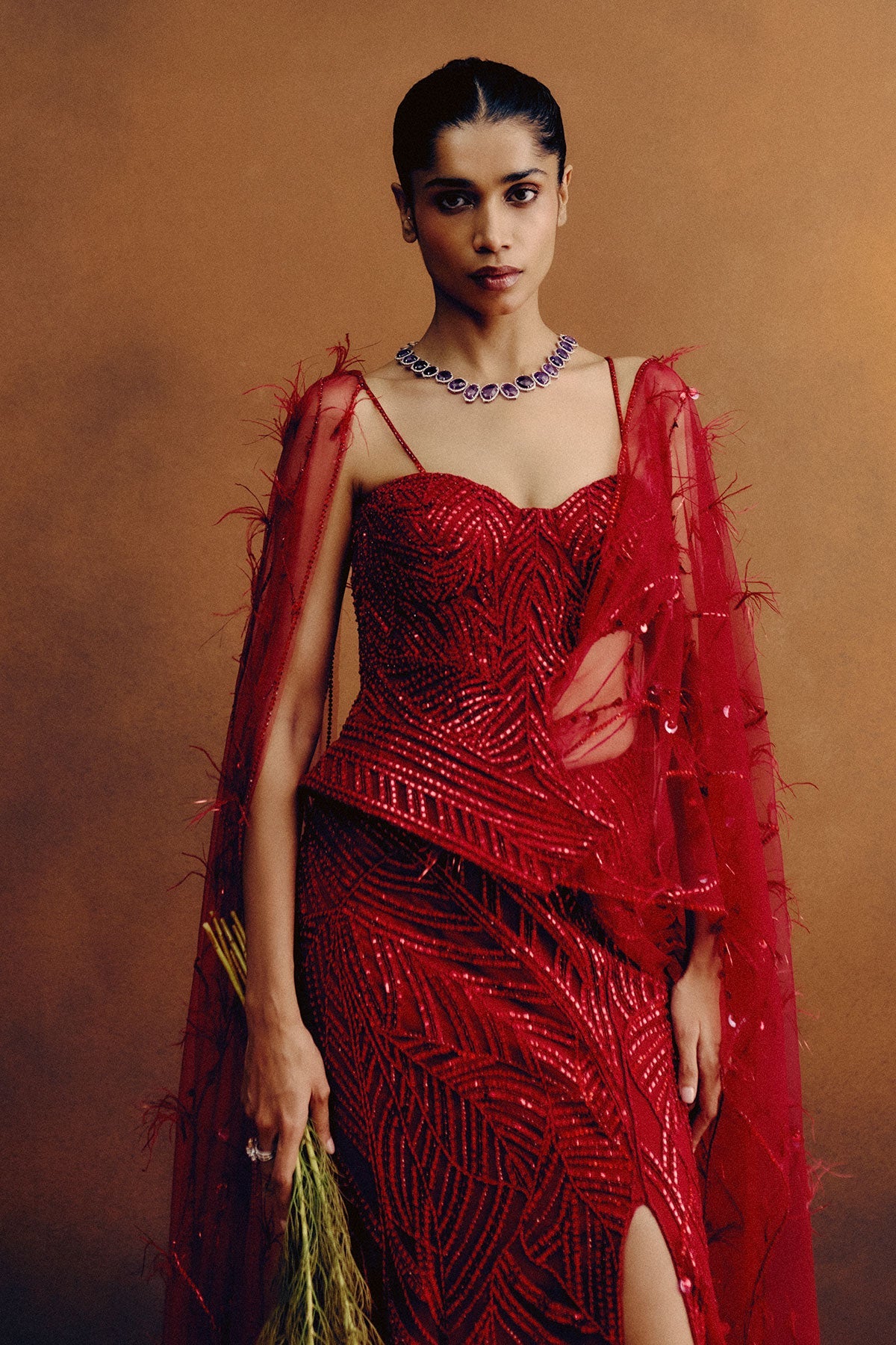Rouge Ascend Corset &amp; Skirt Set With A Drape Dupatta