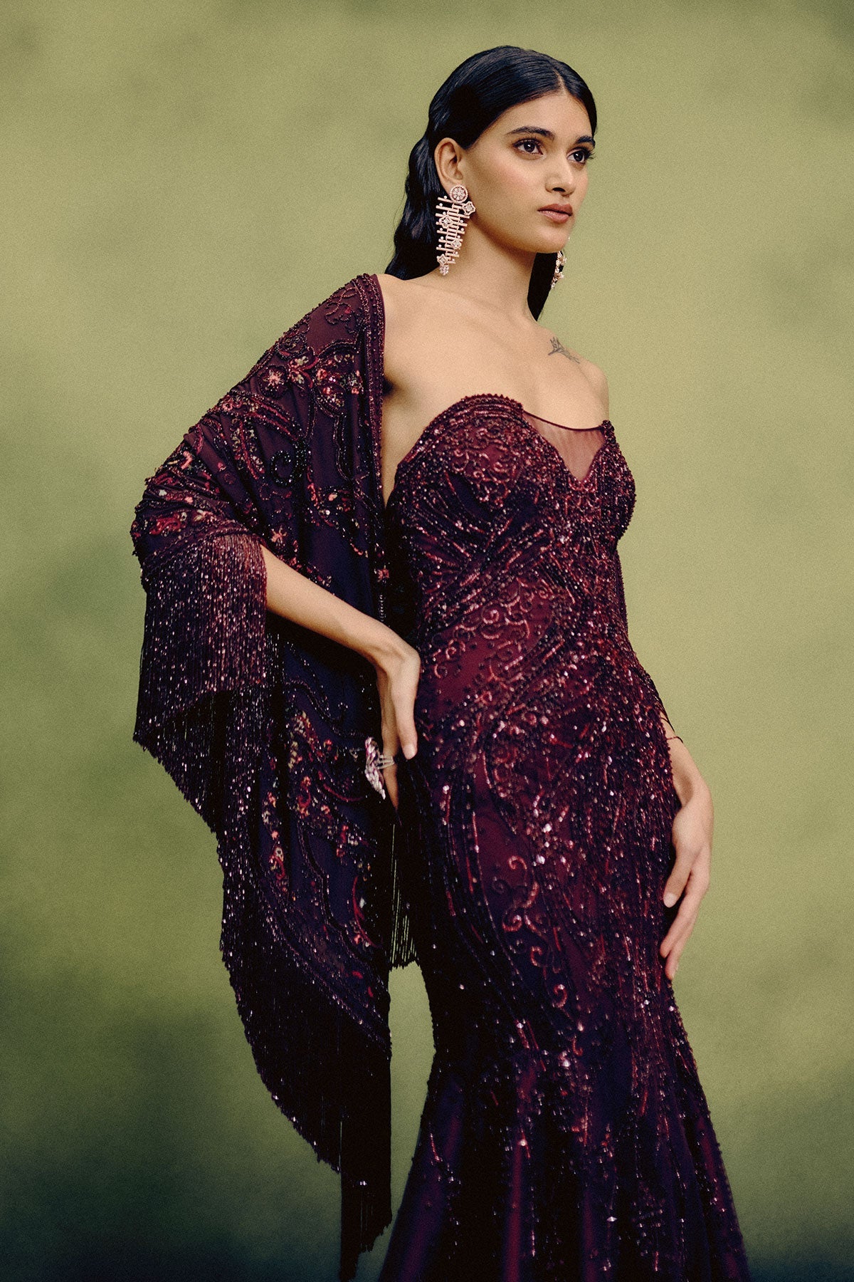 Sangria Gown With Cape Drape