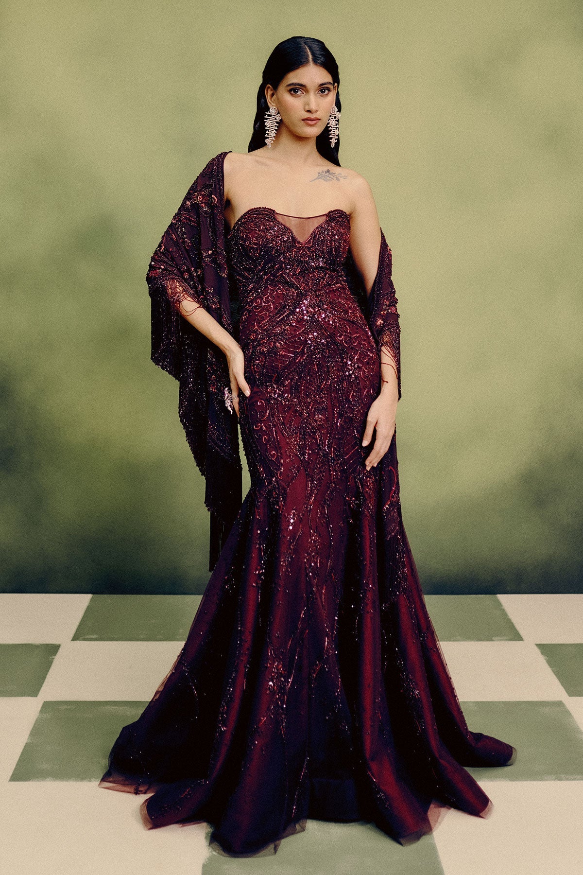 Sangria Gown With Cape Drape