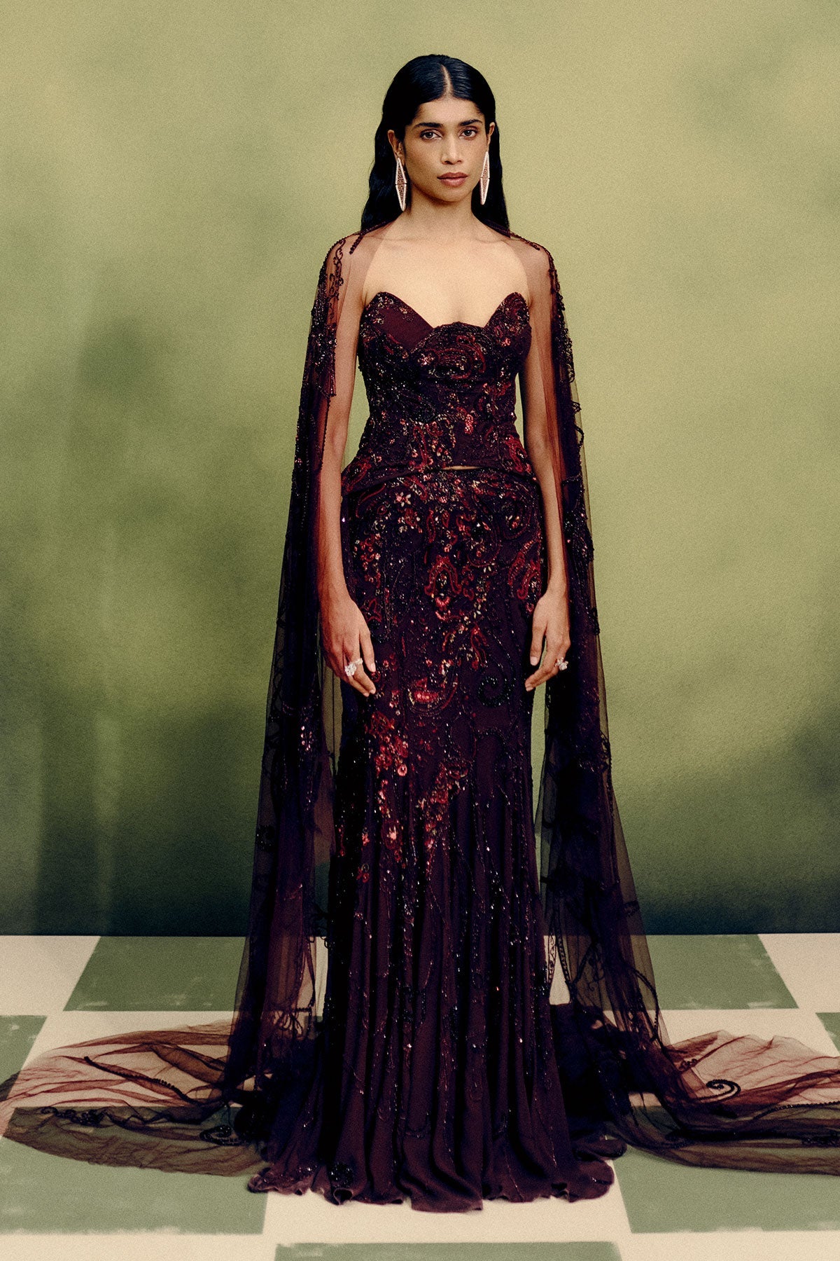 Gilded Carmine Corset &amp; Skirt Set With Cape Drape