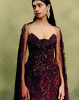 Gilded Carmine Corset & Skirt Set With Cape Drape