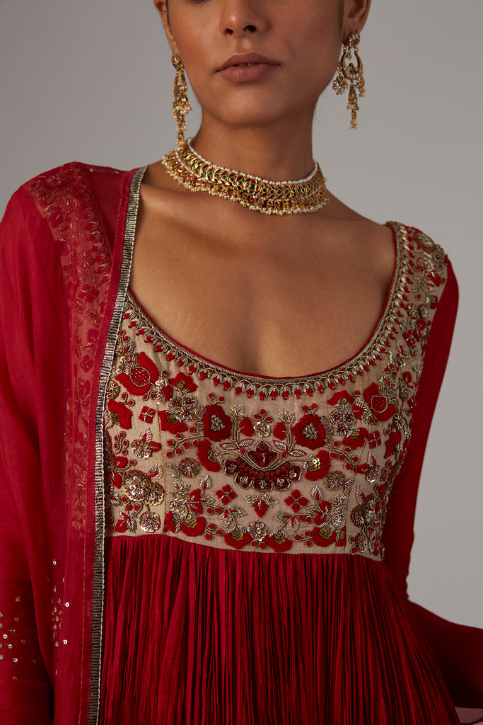 Red Silk Embroidered Anarkali