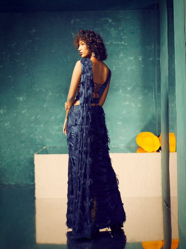 Navy Blue Fringes Saree with Embroidered Corset
