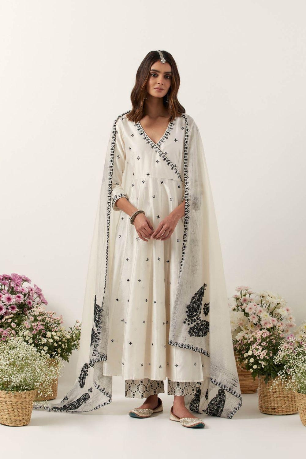 Ivory Mirror &amp; Resham Embroidered Angrakha With Dupatta &amp; Pants