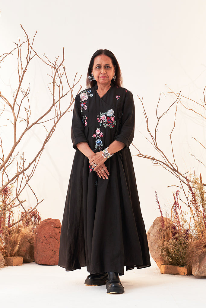 Black Linen Georgette Multicolour Emb. Anarkali Set