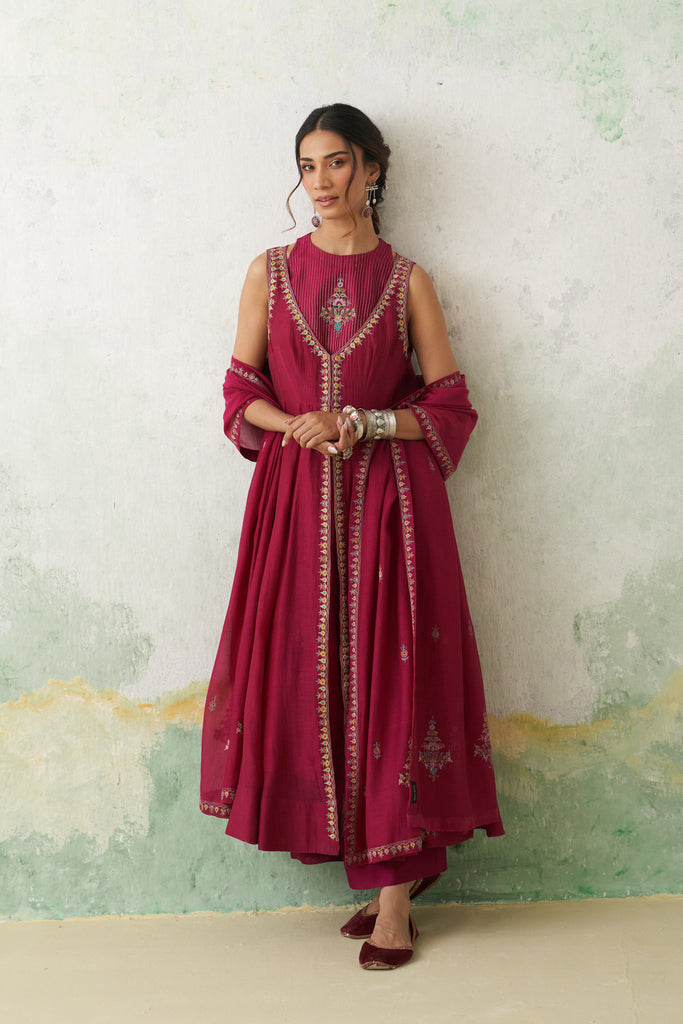 Hot Pink Chanderi Kashmiri Emb. Anarkali Set