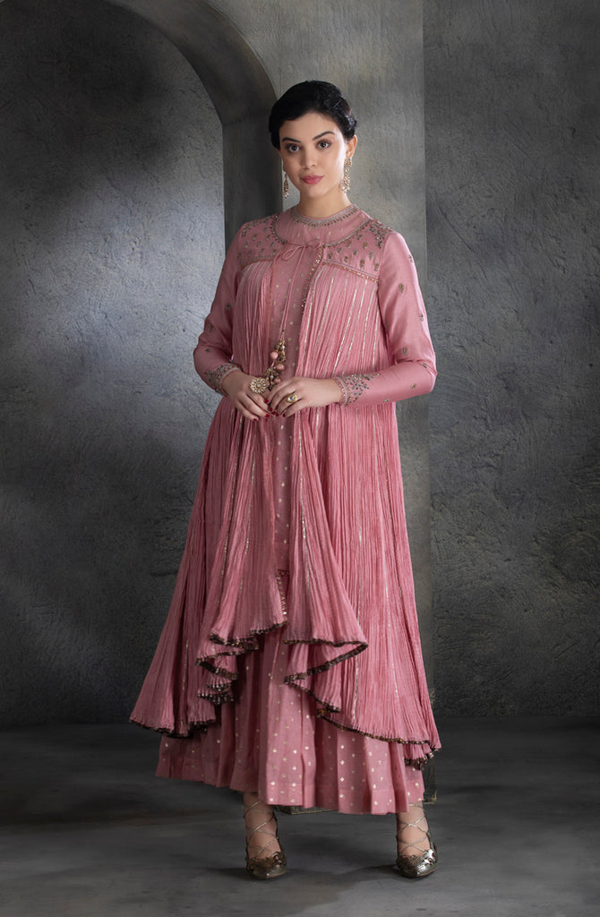 Dusty Pink Chanderi &amp; Cotton Floral Embroidered Angrakha Set