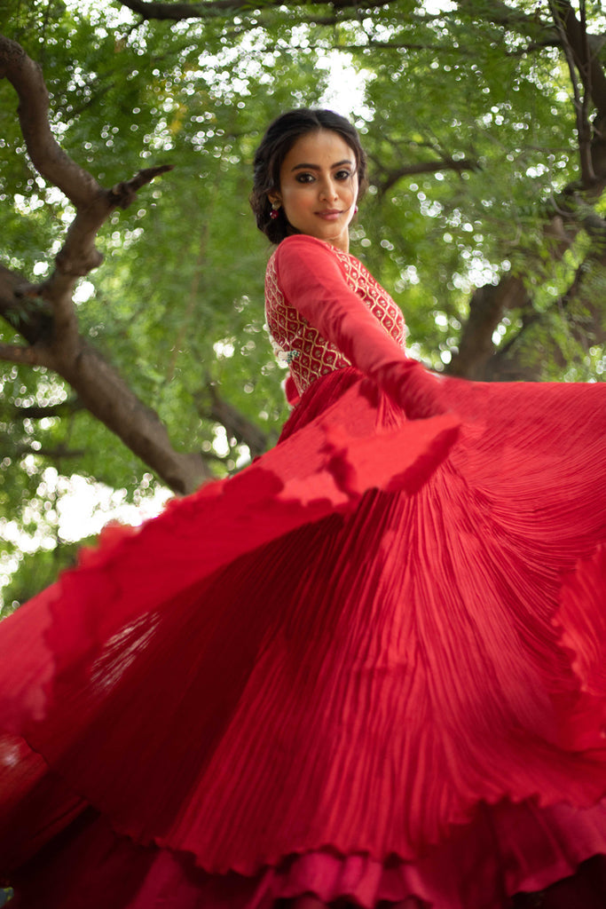 Crimson Red Cotton Gota Embroidered Anarkali Set