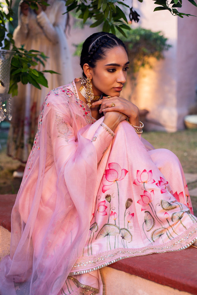 Old Rose Silk Chanderi Lotus Printed Anarkali Set