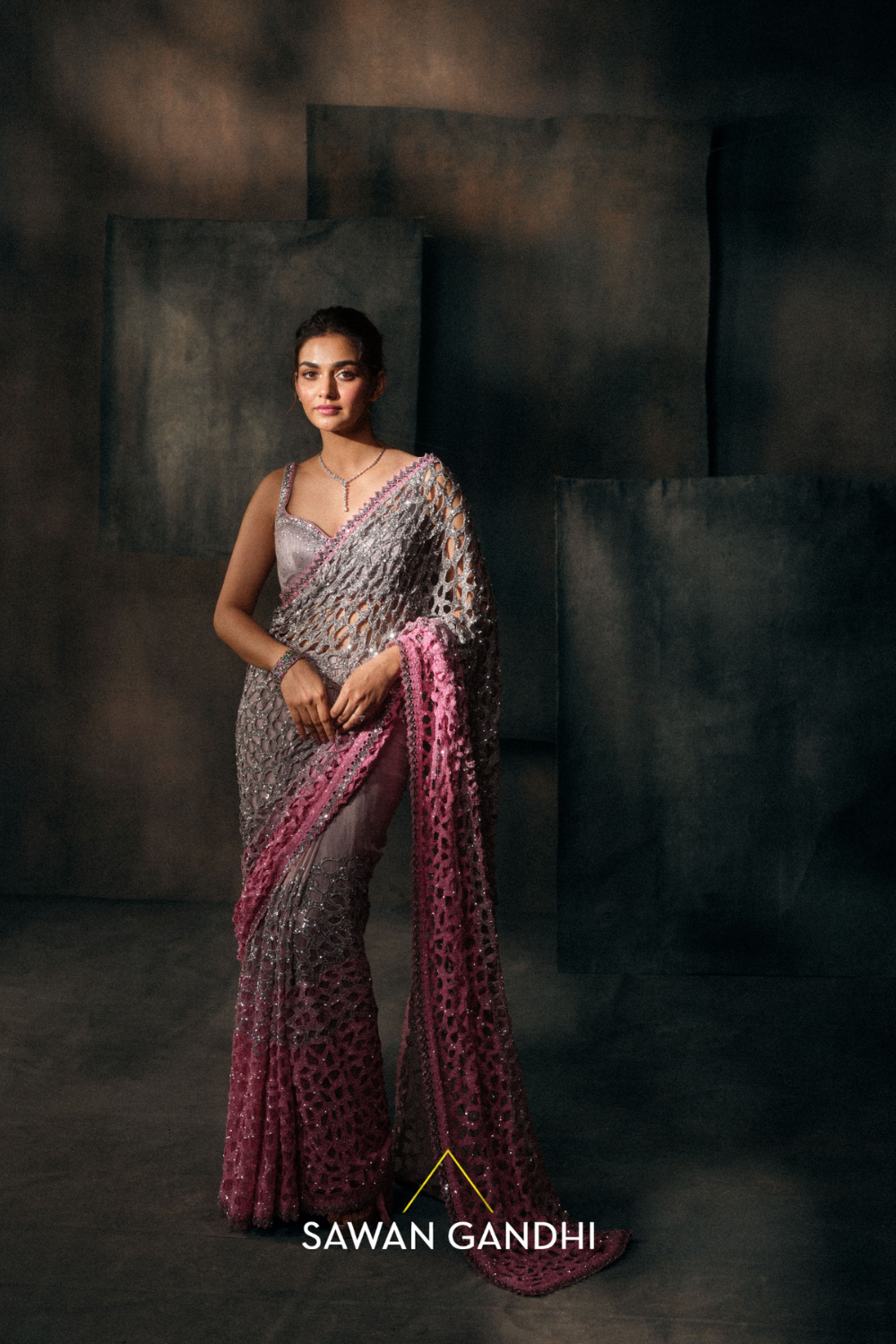 Silver To Pink Ombre Cutwork Saree