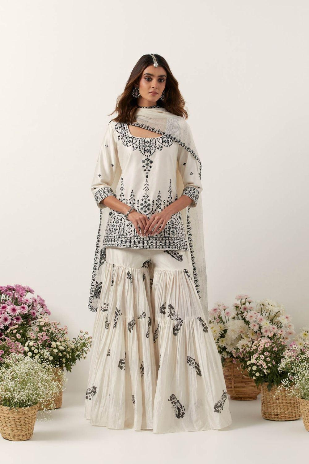 Ivory Mirror &amp; Resham Embroidered Kurti Paired With Gharara &amp; Dupatta