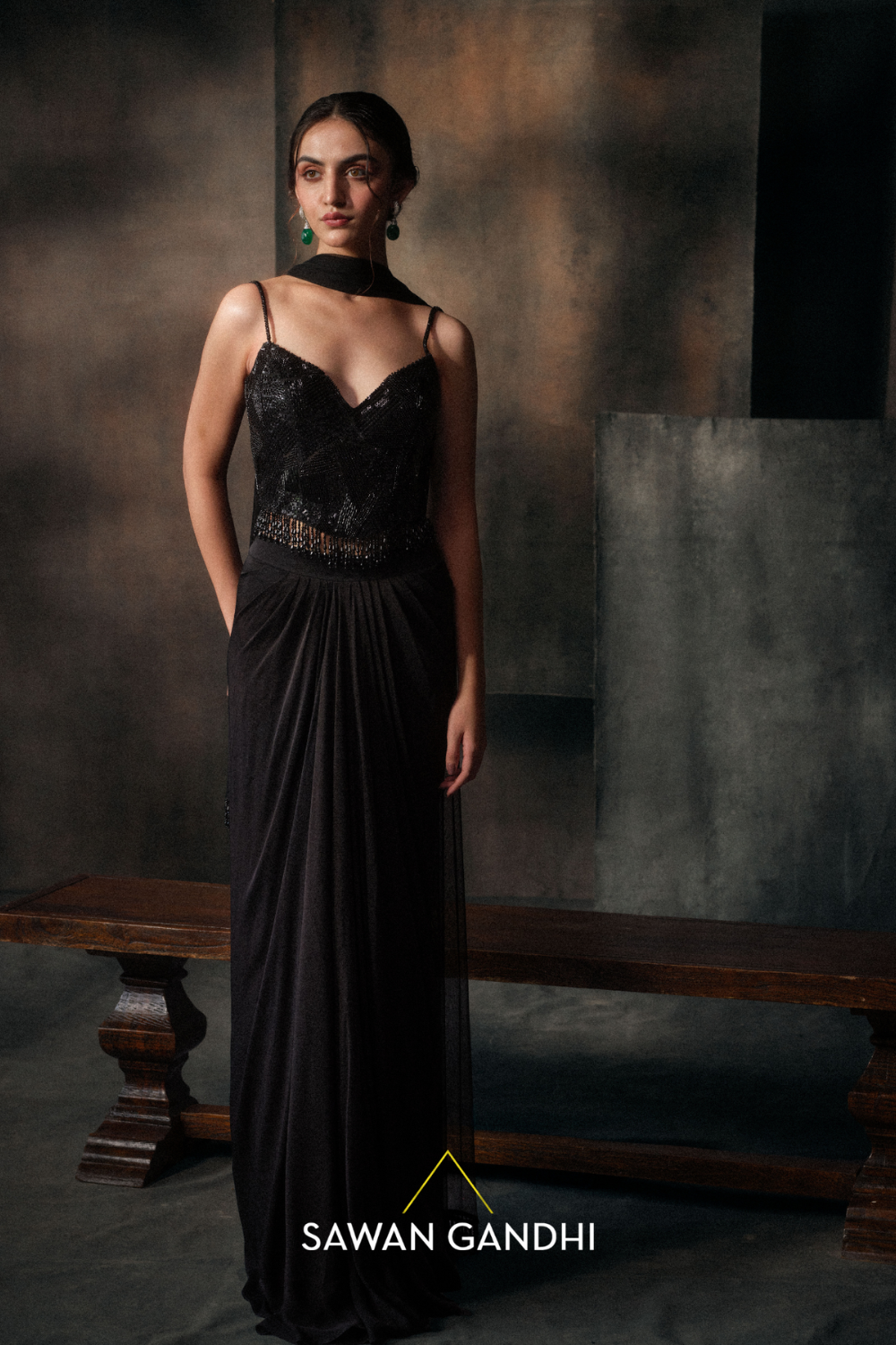 Black Corset And Dhoti Skirt Set