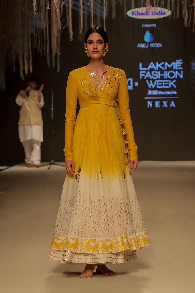 Turmeric &amp; Ivory Khadi Embroidered &amp; Foil Printed Angrakha Set