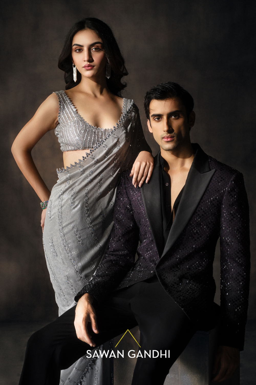 Steel Grey Sequins Line Saree