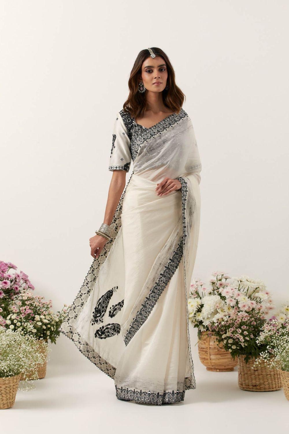 Ivory Printed Resham &amp; Mirror Work Saree Set