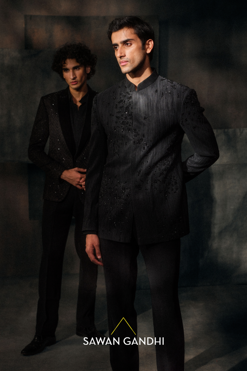 Black Ruched Bandhgala With Cutdana And Swarosvki Embroidery