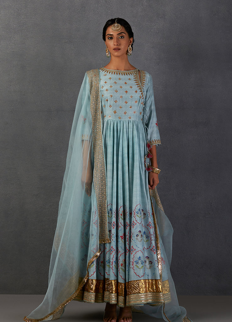 Aqua Silk Chanderi Printed &amp; Embroidered Angrakha Style Anarkali Set
