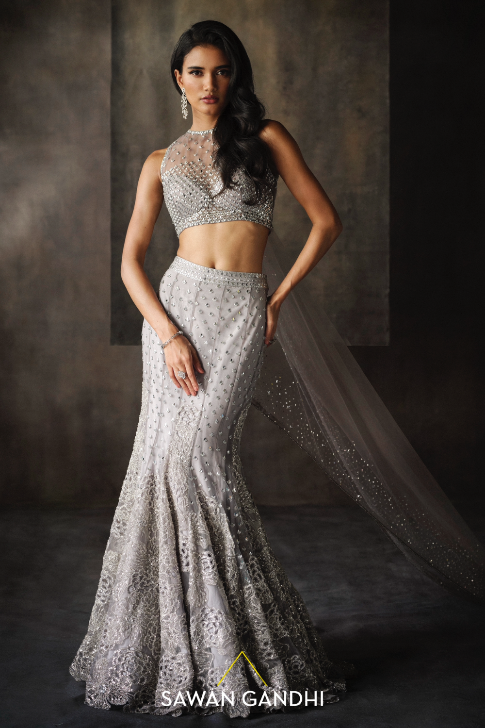 Grey Fish Cut Cutwork Lehenga