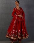 Red Chanderi Printed Embroidered Anarkali Set