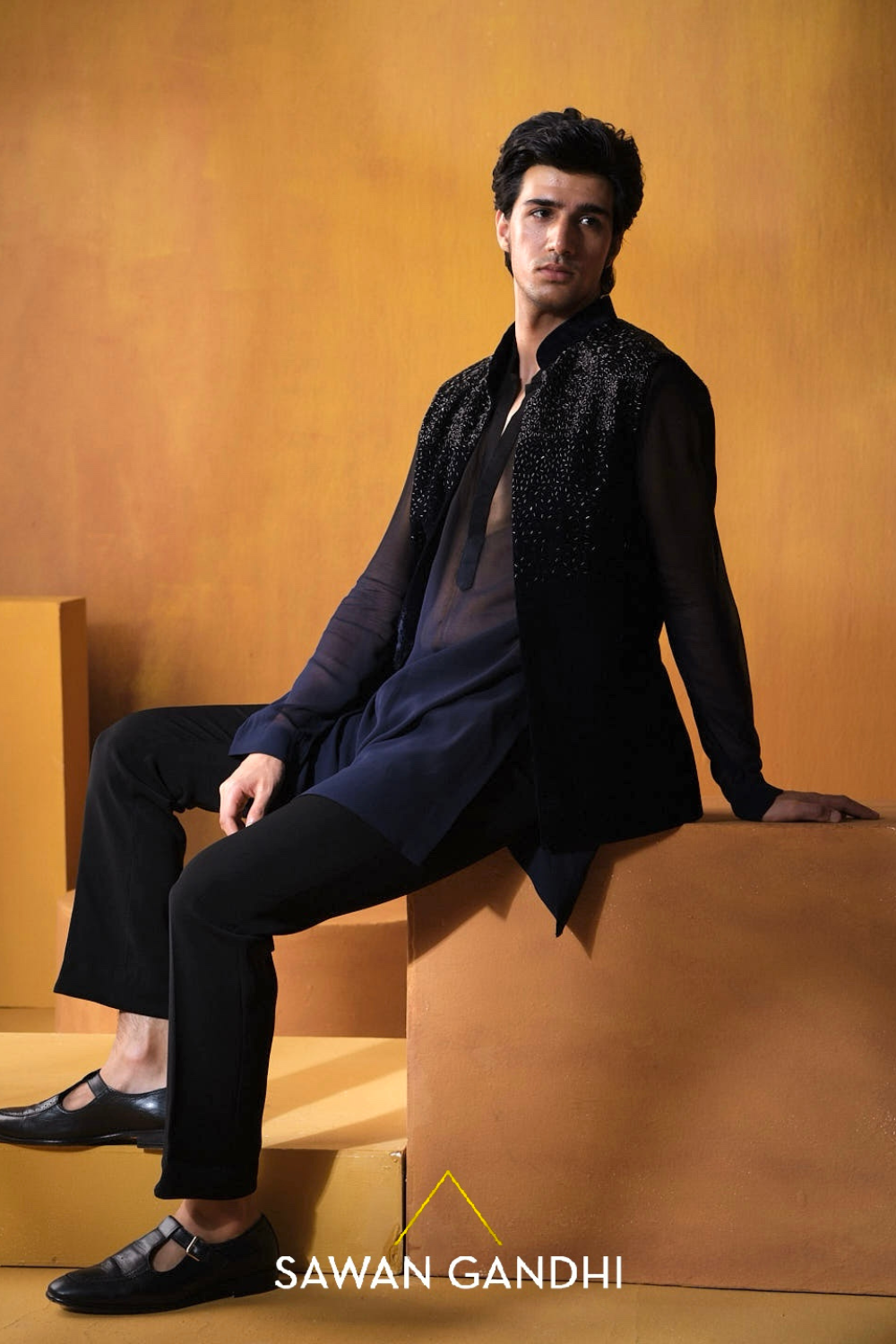 Navy Blue Velvet Nehru